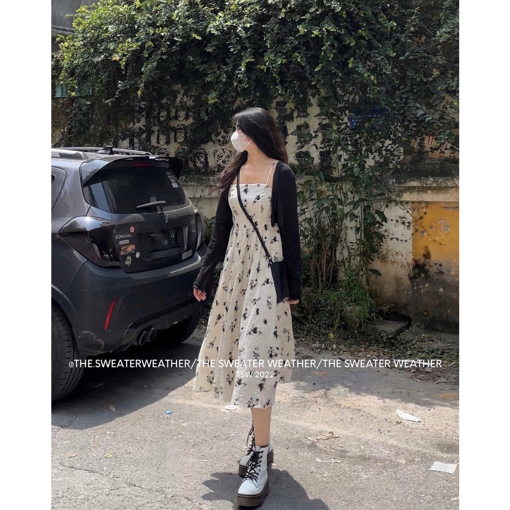 Set váy babydoll dáng dài, váy đầm nữ cộc tay hoa nhí dáng suông form rộng kèm áo khoác cardigan đen đũi Wikishop C1087