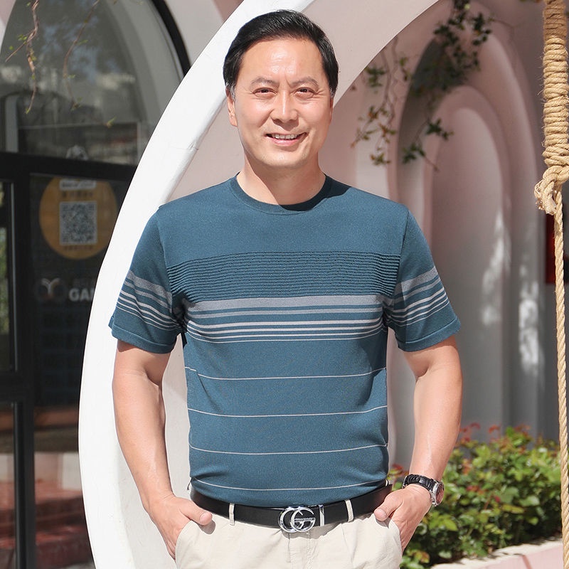 Baju Áo Thun baju T lelaki murahDad Tay Ngắn Bằng Lụa Lạnh Thời Trang Mùa Hè Cho Đàn Ông Trung Niên Gran