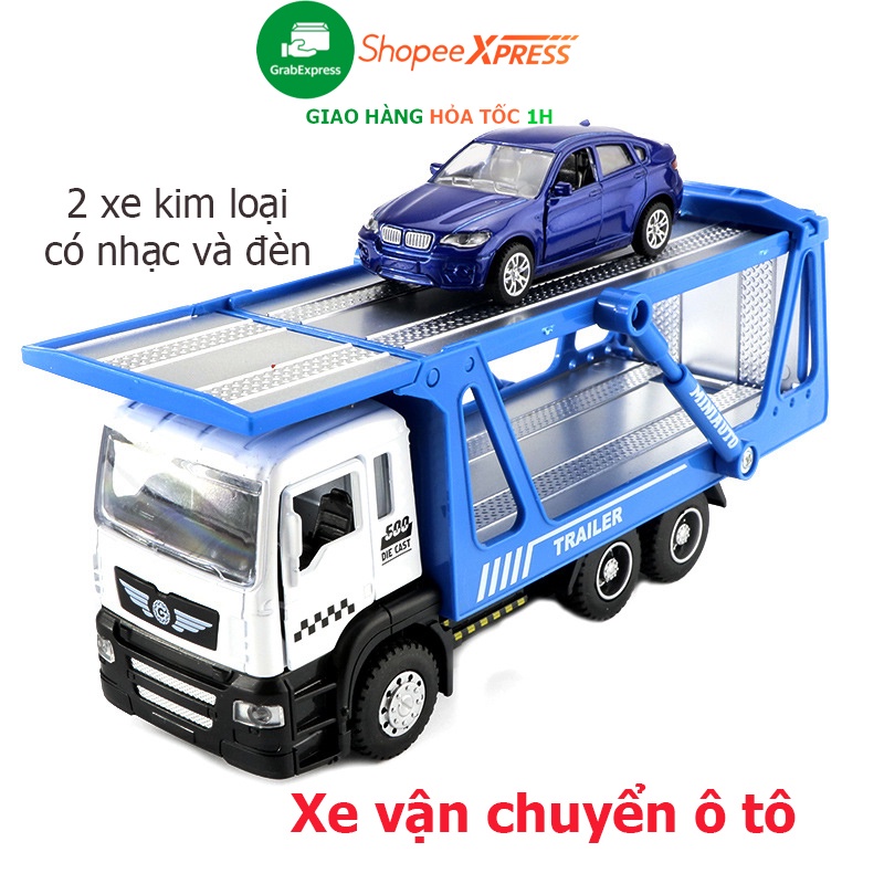 Đồ chơi xe vận chuyển ô tô gồm 2 xe bằng hợp kim có nhạc và đèn - màu xanh