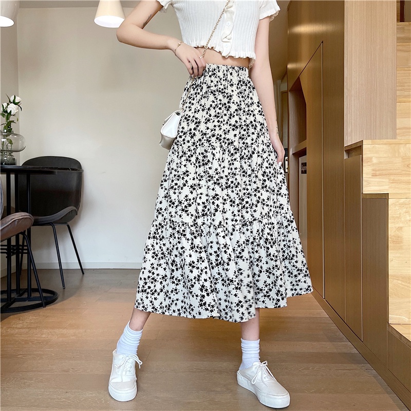 SUXI Chân váy hoa chữ A lưng cao co giãn phong cách retro cho nữ