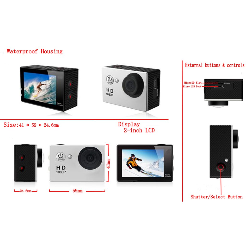 Camera Hành Trình Thể Thao 1080p Full Hd 2 Inch Chống Thấm Nước 30m Dv