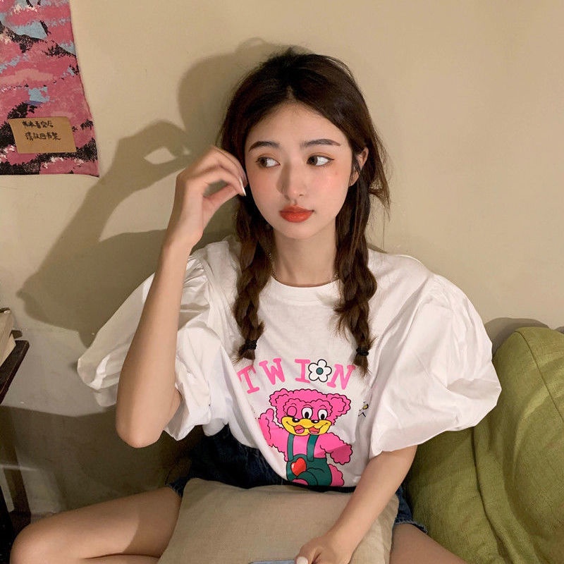 Áo thun tay ngắn phồng dáng rộng in họa tiết hoạt hình dễ thương phong cách retro thời trang mùa hè dành cho nữ