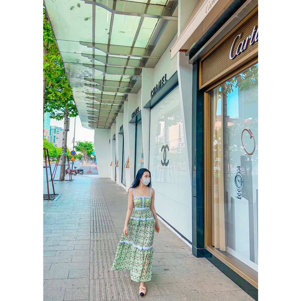 Váy hoa nhí 2 dây vintage phối ren xanh - Clover Dress - Nàng Hạc Style