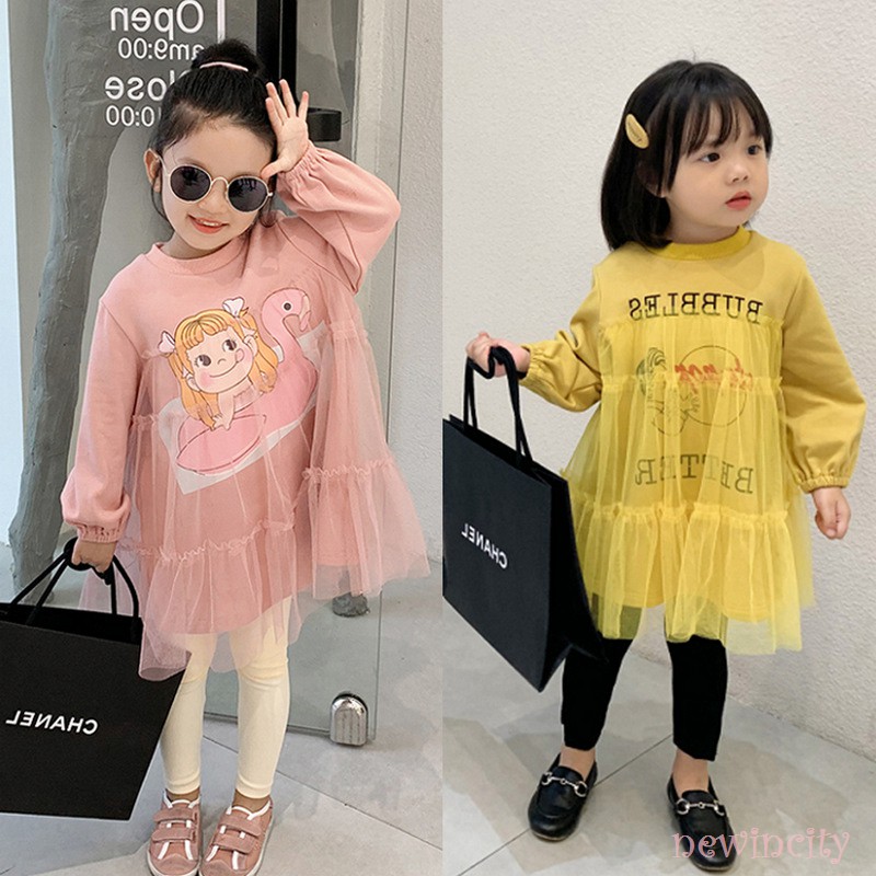 Korean Girls Dress Kids Spring Girls Cute Cartoon Print Mesh Stitching Princess Long-Sleeved Dress
