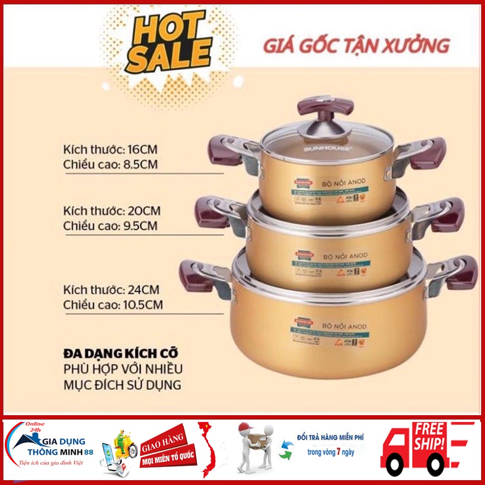 Bộ nồi Anod Sunhouse SH6634 với cỡ 3 size 16-20-24 cm chất liệu nhôm dùng cho bếp gas, bếp hồng ngoại