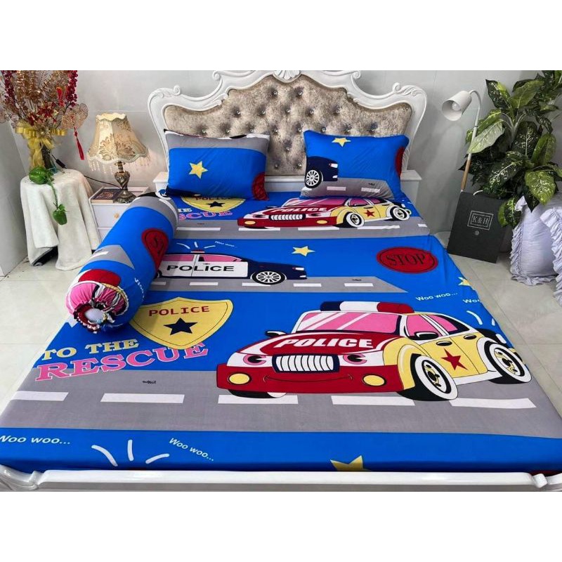 Bộ Drap thun Hàn Quốc mẫu xe POLICE hoạt hình