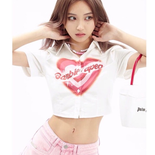 Crop Shirt - Áo sơ mi tay ngắn croptop họa tiết trái tim cho nữ Purpleheart