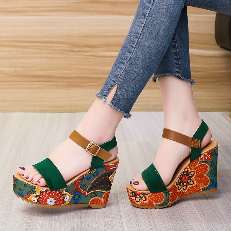 Sandal đế bằng hở ngón tăng chiều cao phong cách Bohemian thời trang đi biển thanh lịch cho nữ