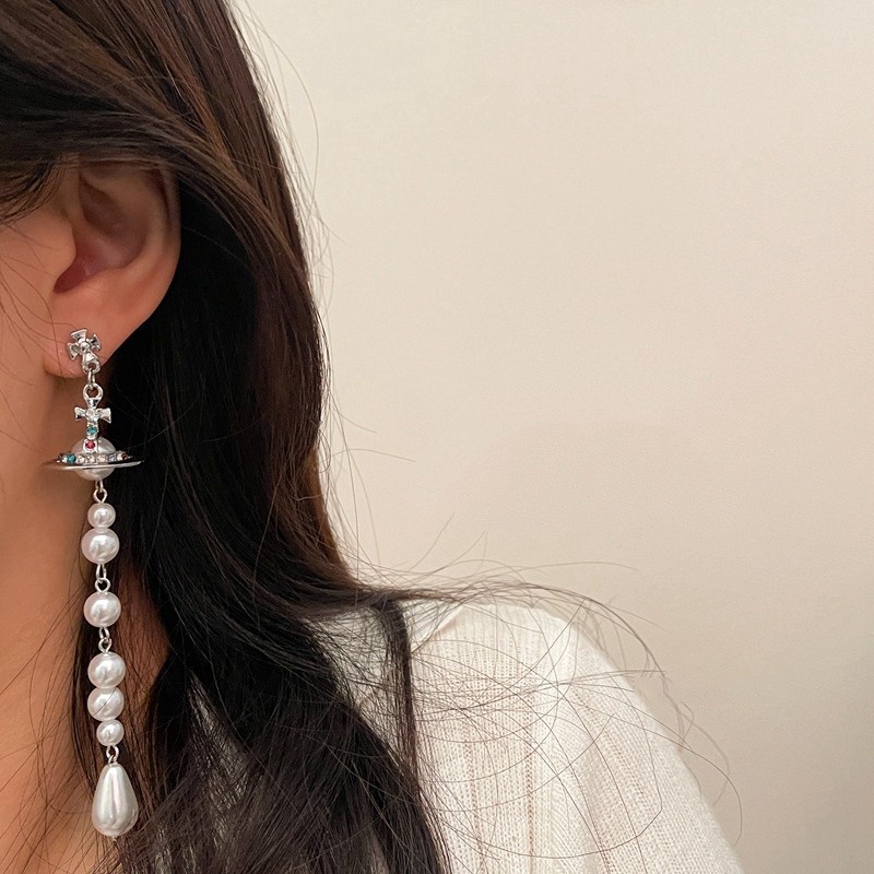 Bông Tai Tua Rua Dáng Dài Đính Đá Pha Lê &amp; Ngọc Trai Phong Cách Cổ Điển Thời Trang Sang Trọng Cho Nữ