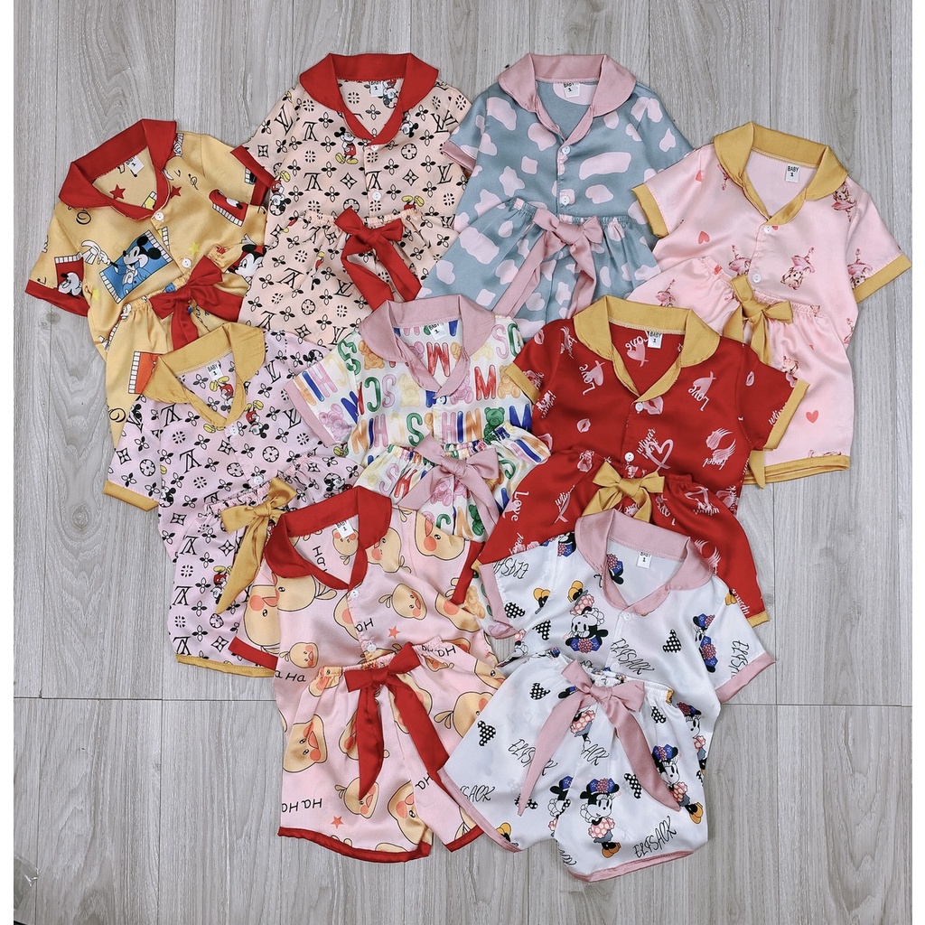 SALE BỘ PIJAMA CÔC TAY CHẤT LỤA SATIN MỀM MỊN MÁT CHO BÉ GÁI SIZE 14-27KG