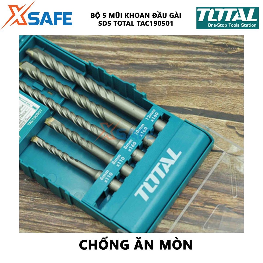Bộ 5 mũi khoan bê tông TOTAL TAC190501 5 mũi khoan đuôi trơn phủ lớp titanium chống mài mòn, gỉ sét, chịu lực chịu nhiệt