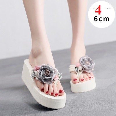 Dép Tông Nữ Xỏ Ngón Đế Cao 6cm Quai Đính Hoa| Dép Đế Xuồng Đi Biển