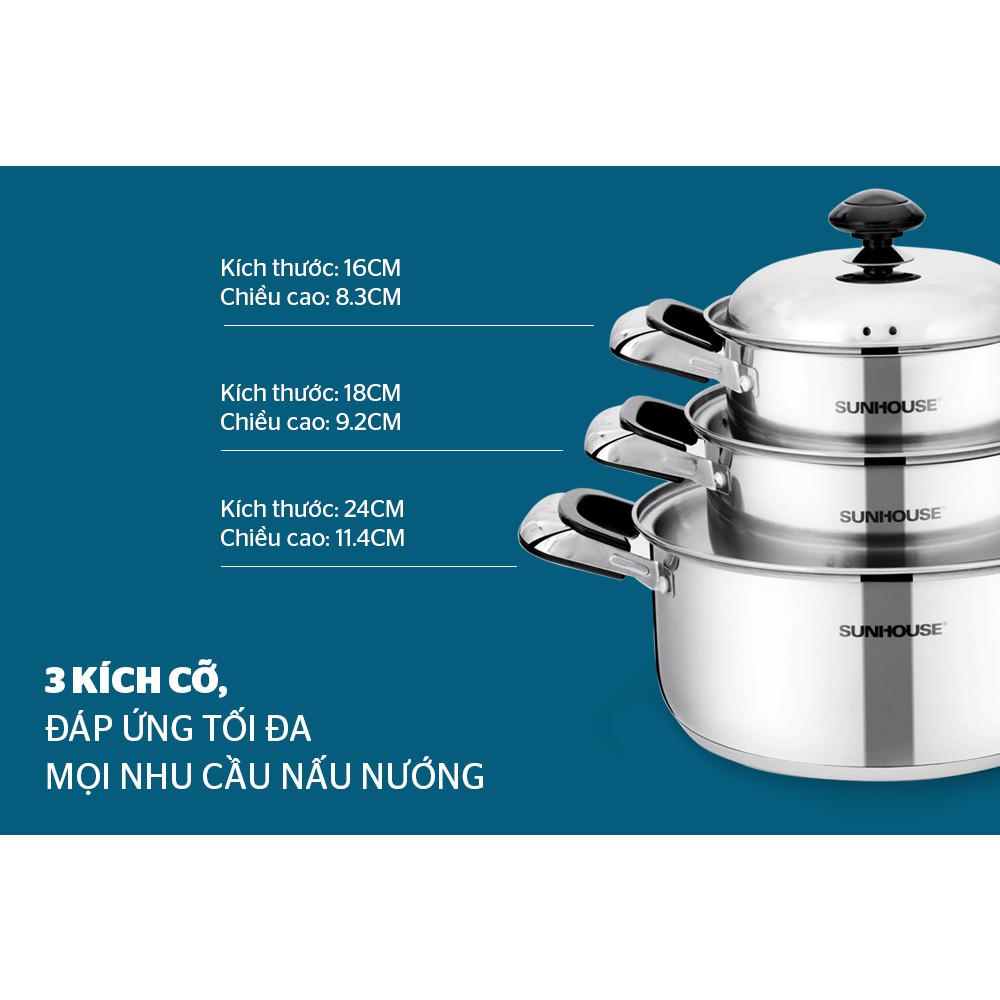 Bộ nồi inox Sunhouse SH222 3 chiếc