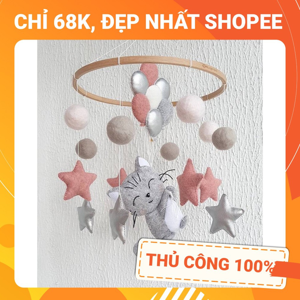 [CÓ NHẠC XOAY + THÊU TÊN BÉ] Đồ chơi treo nôi cũi handmade Coco Kids ảnh thật 100%, tự xoay phát nhạc mẫu MÈO XÁM 2