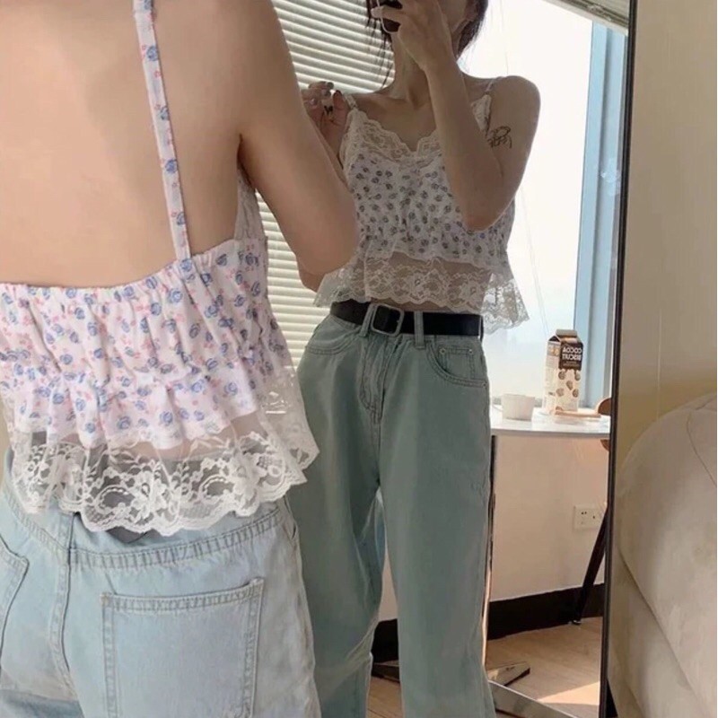⚜️ SET ÁO CROPTOP DÂY HOA VIỀN REN 🎀 KÈM ÁO THUN TRẮNG 🎀 PHONG CÁCH NĂNG ĐỘNG DỄ THƯƠNG