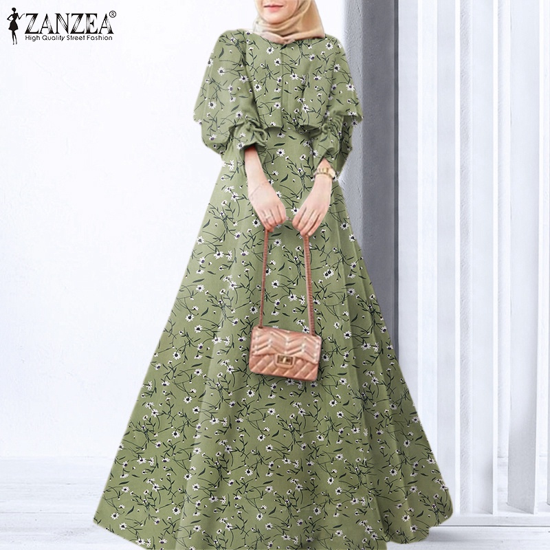 Đầm dài ZANZEA tay phồng thời trang phong cách Hồi Giáo tùy chọn màu sắc dành cho nữ