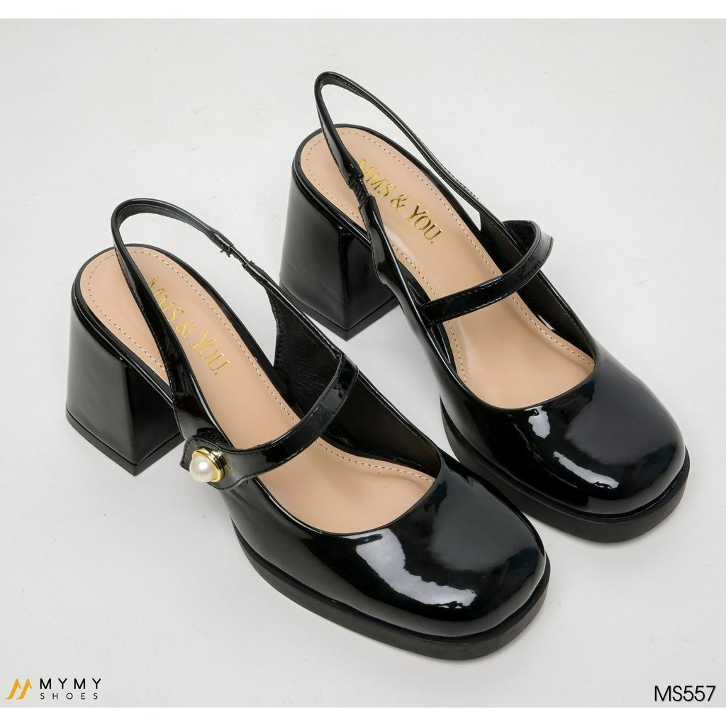Giày cao gót nữ đế vuông đế cao 7cm bít mũi quai ngang màu đen MyMyShoes - giày cao gót MS557