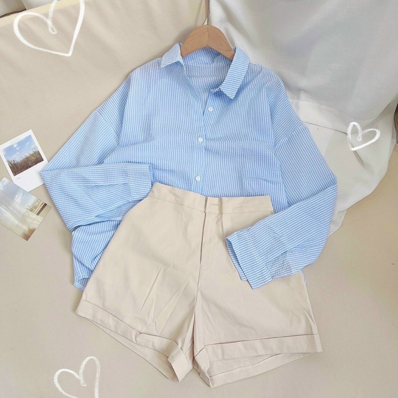 ‼️set sơmi sọc xanh + quần sọt nude
