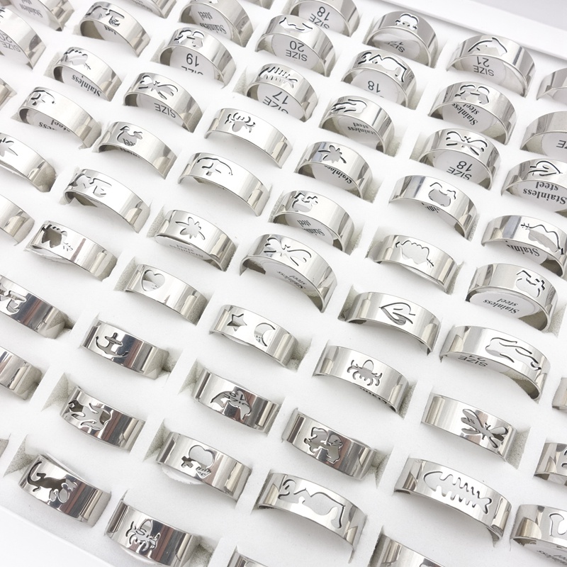 Set 20 Nhẫn Thép Không Gỉ Cắt Laser Phong Cách Hỗn Hợp Cho Nam Và Nữ Cincin Barang Kemas