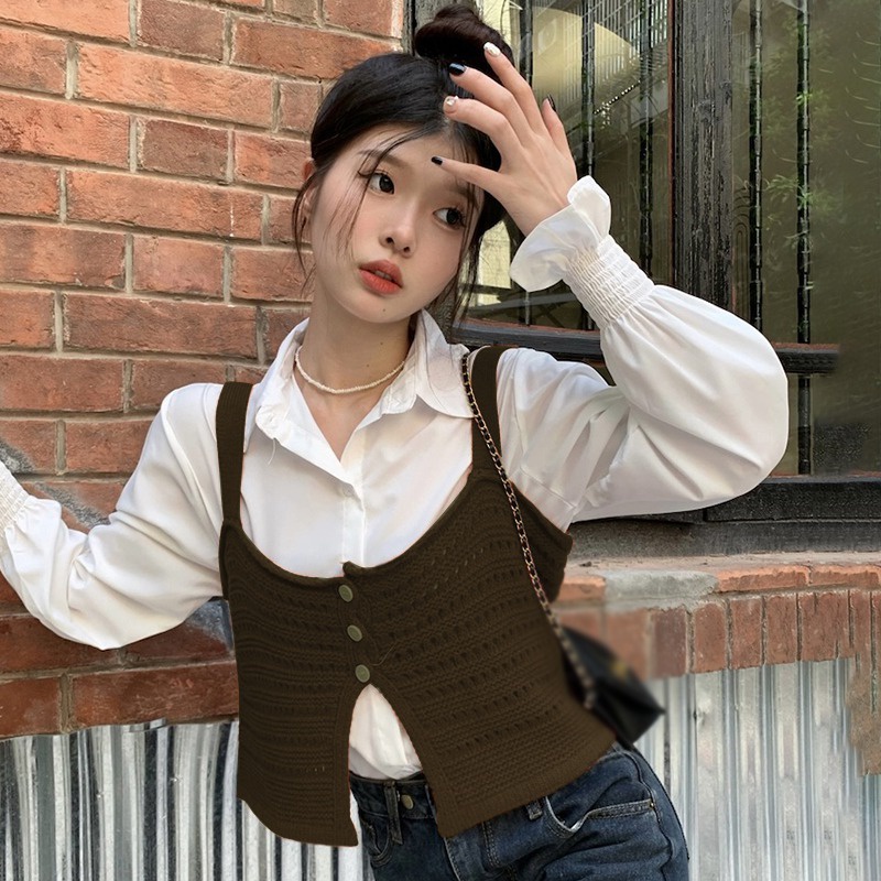 Áo Croptop Dệt Kim Sát Nách Màu Trơn Khoét Lỗ Thời Trang Hàn Quốc Cho Nữ