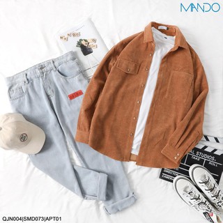 [ Hot Hot] Áo Sơ Mi Nhung Tăm Khoác Ngoài, Phối Áo Nỉ Cổ Cao 3 Phân Phong Cách Hàn Quốc Thời Trang MANDO - SMD073