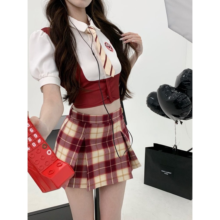 Bộ Đồng Phục Áo Sơ Mi Giả Hai Mảnh + Chân Váy Ngắn Phong Cách Preppy Độc Đáo Thời Trang Mùa Hè 2022