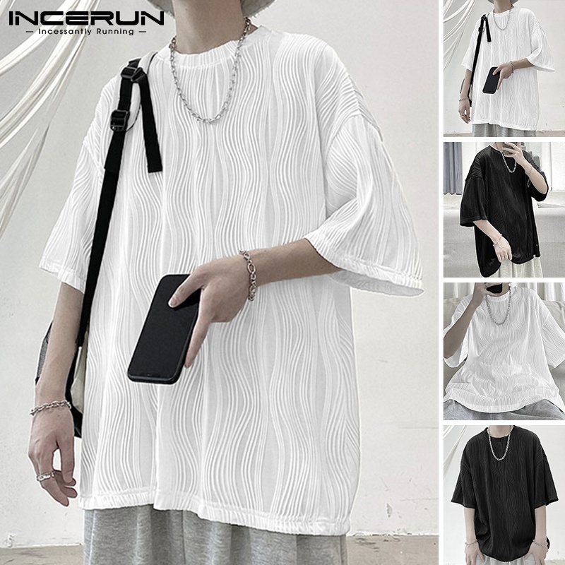 Áo thun INCERUN tay ngắn cổ tròn kiểu nhún nổi trẻ trung cho nam