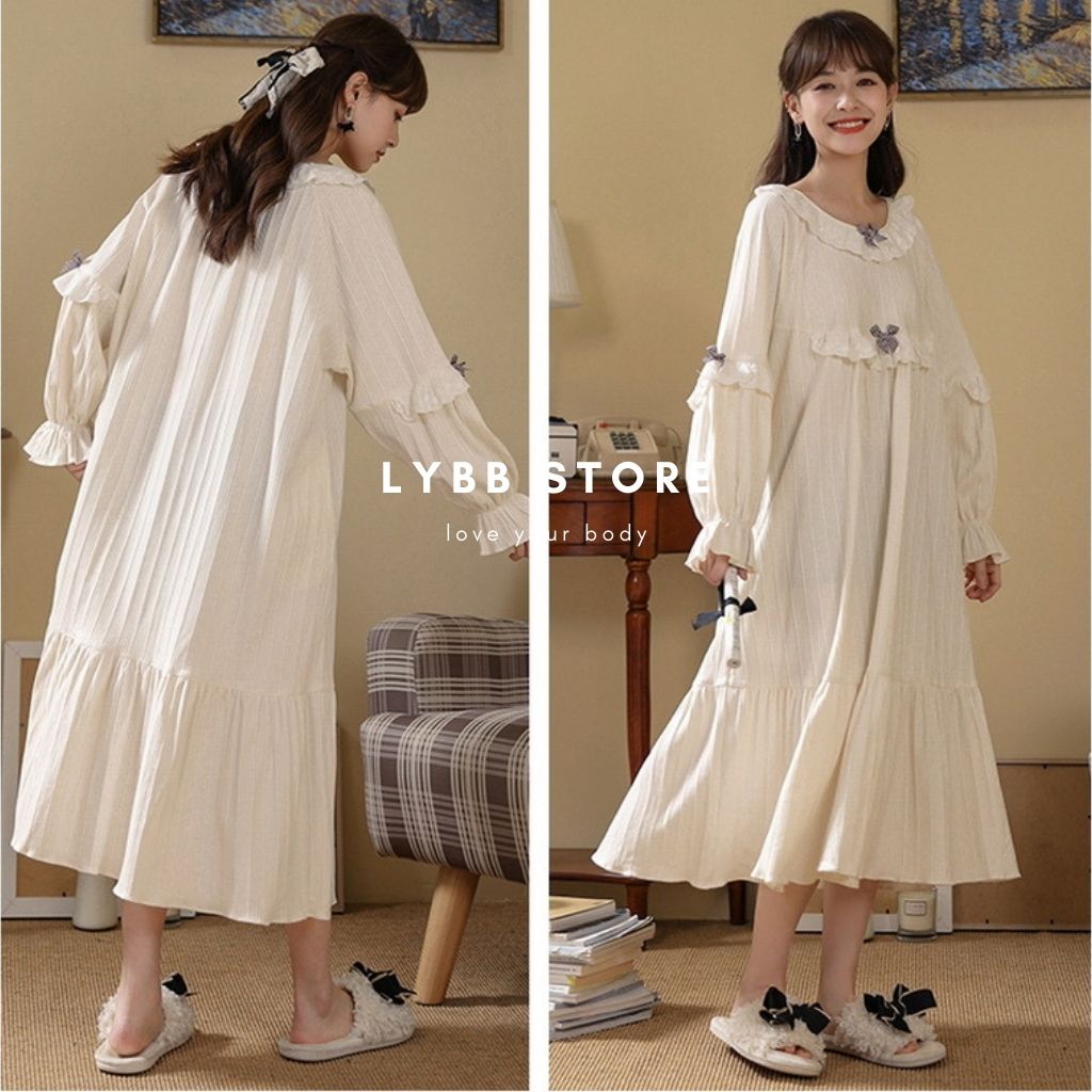 Váy ngủ công chúa chất liệu cotton dáng dài vai bèo siêu xinh, váy babydoll, đồ ngủ thu đông, đồ mặc nhà đẹp