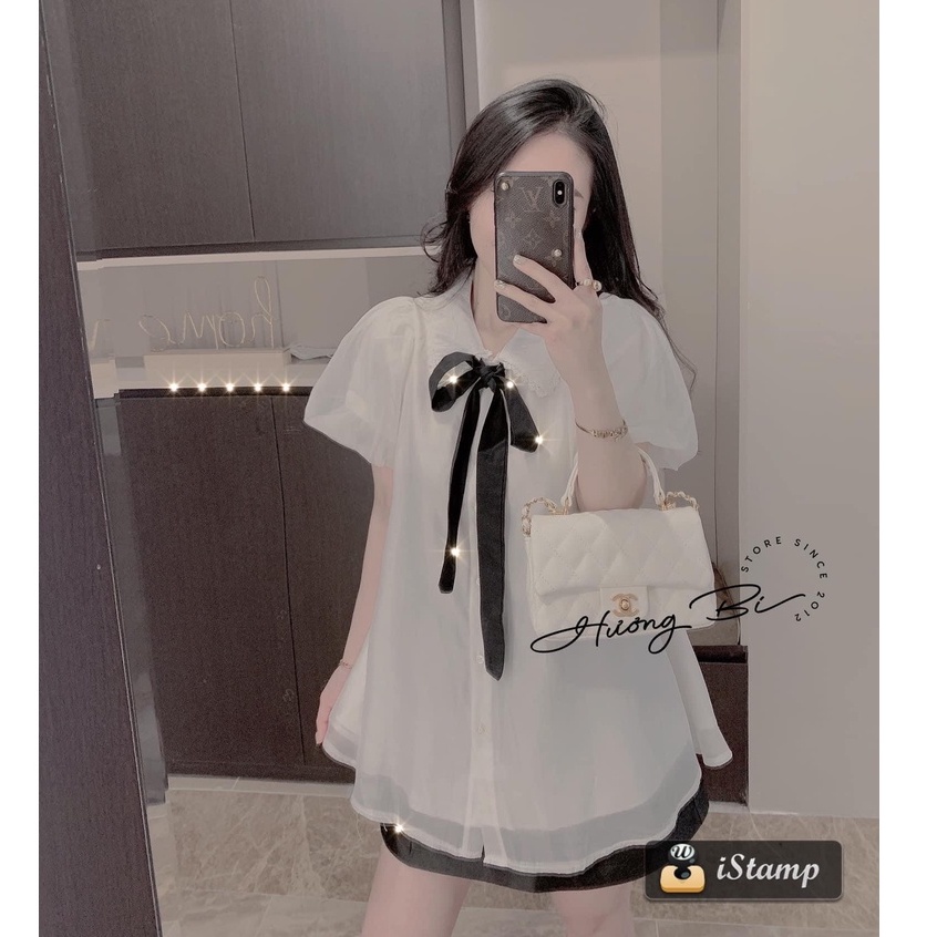 Áo sơ mi ren nơ cổ tơ lụa áo babydoll tiểu thư MIVOSA SM009