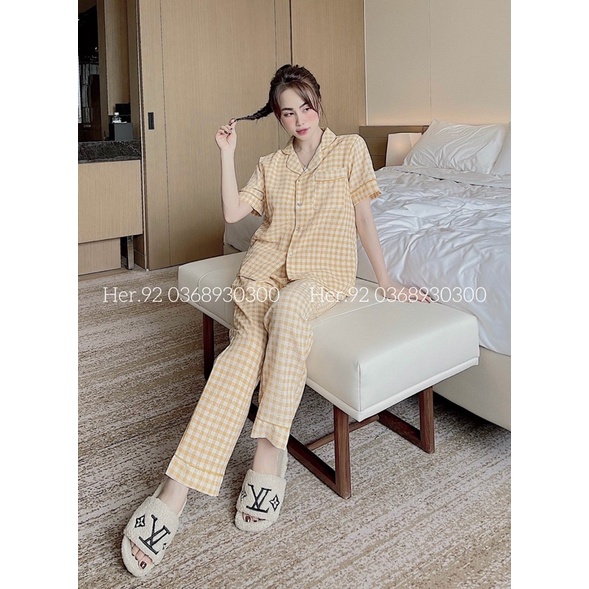 Bộ pijama mặc nhà hoạ tiết kẻ ô ziczac nữ viền bèo hàng thiết kế cao cấp