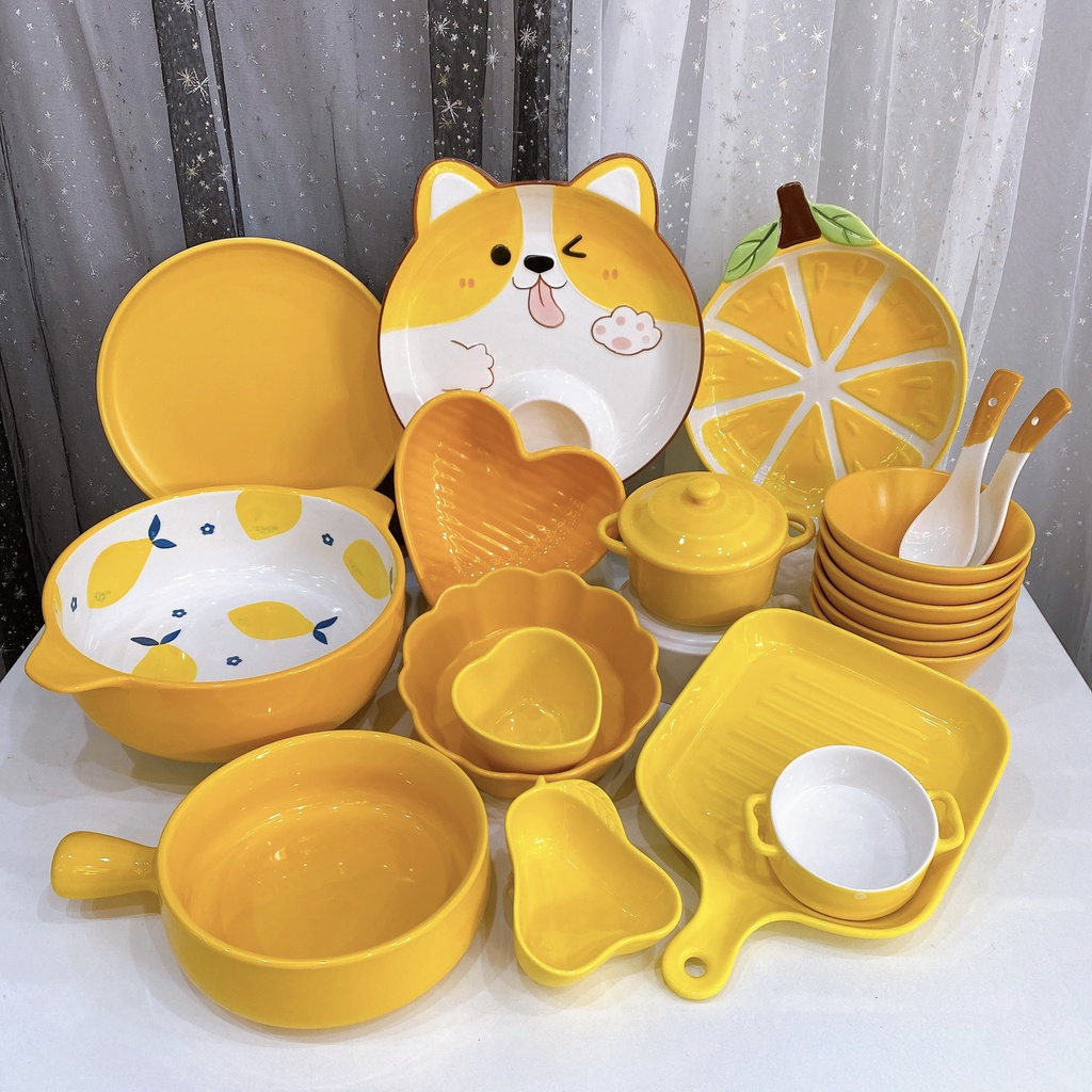 Bát đĩa gốm sứ decor trang trí Corgi đồ ăn sét chanh vàng 20 món cực kỳ đẹp