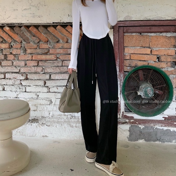 Quần Thể Thao Nữ Lưng Cao Ống Rộng Phong Cách Hàn Quốc