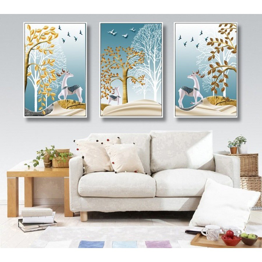 Bộ 3 tấm tranh canvas treo tường Lala Đôi Hươu Và Cây Cách Điệu kèm đinh 3 chân đa năng