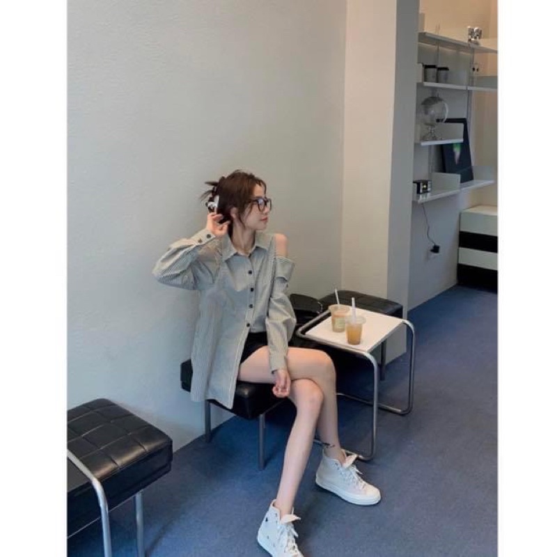 Áo sơ mi tay dài khoét vai oversize form rộng giấu quần kẻ sọc - Order taobao quảng châu