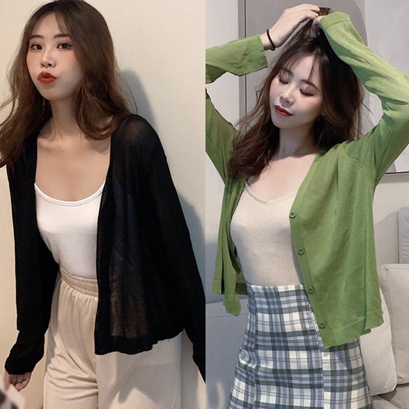 Áo Khoác Cardigan Mỏng Tay Dài Cổ Chữ V Màu Trơn Xinh Xắn Cho Nữ | WebRaoVat - webraovat.net.vn