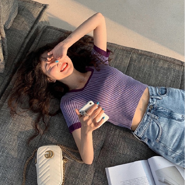 MS106 Áo len tăm croptop phối màu viền