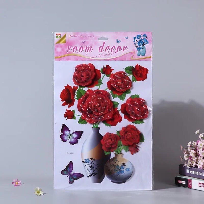 Tranh dán tường 3D hình lọ hoa các kiểu nhiều hình, Decal dán tường 3d Phòng Ngủ xinh xắn