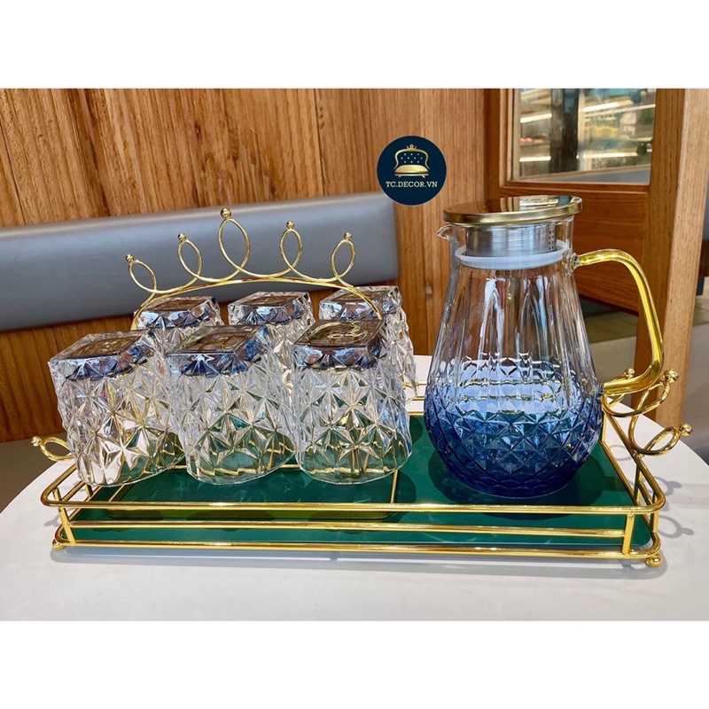 Set 6 Cốc Thuỷ Tinh Kim Cương Ánh Xanh Siêu Đẹp 🌸 Có Bình Bán Kèm 🌸 Sang Trọng Tinh Tế 🌸