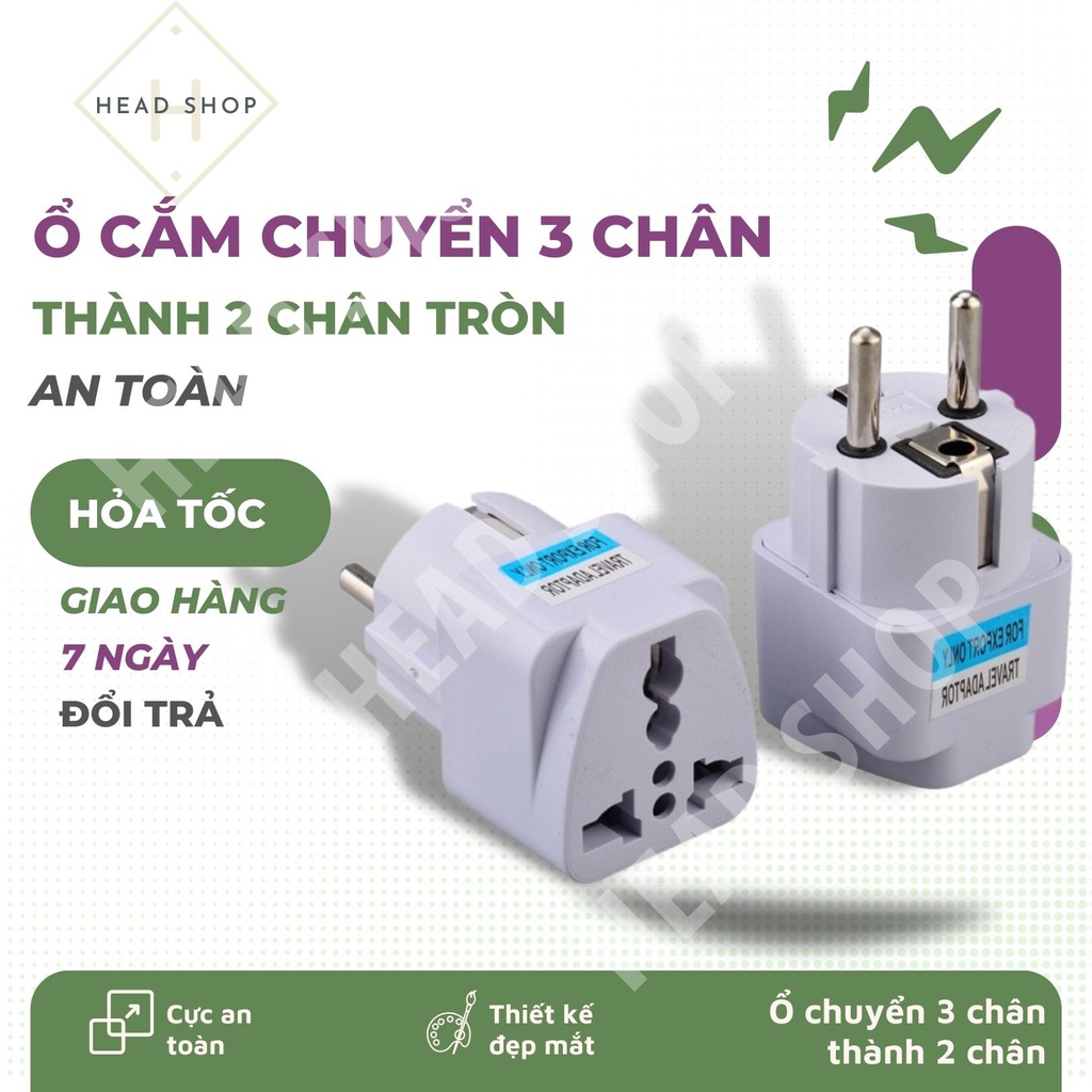 Phích cắm chuyển đổi 3 chân thành 2 chân, ổ cắm 3 chấu thành 2 chấu tròn mã 3C HEADSHOP