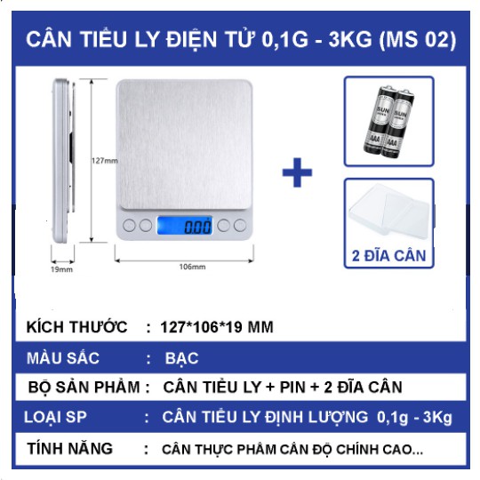 Cân tiểu ly điện tử nhà bếp cao cấp định lượng 1g - 10kg, cân tiểu ly làm bánh độ chính xác cao kèm 2 viên pin AAA