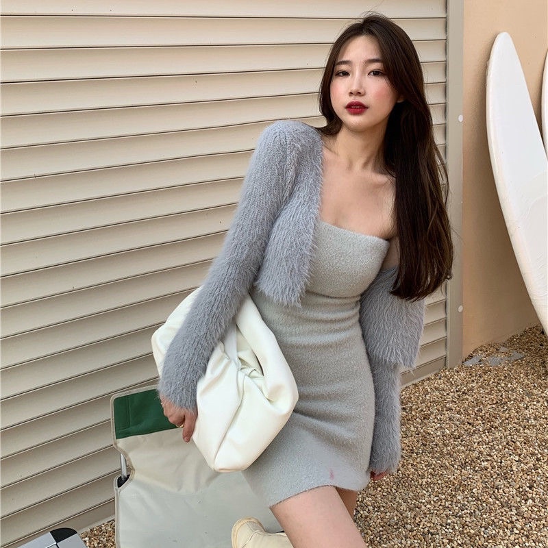 Sét váy Đầm Body + Áo Lông Nhủ Thời Trang Thu Đông Quảng Châu