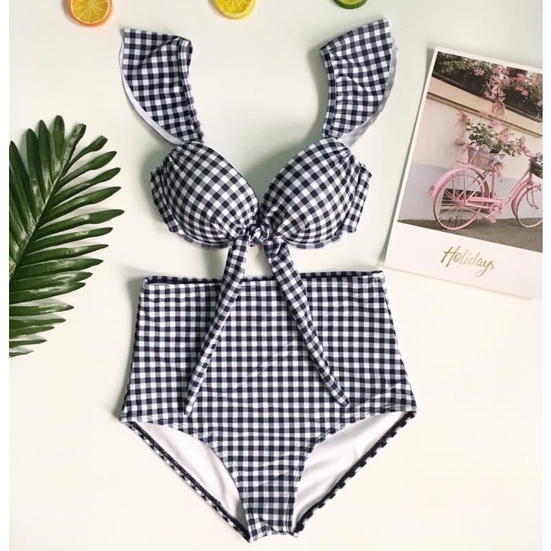 Bikini 2 Mảnh Cánh Tiên Phong Cách Hàn Quốc, Bộ Bơi Đi Biển 2 Mảnh Caro Đen Quyến Rũ