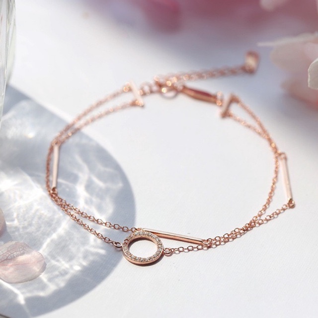 Vòng tay bạc 925 SUMMERY mặt tròn dây đôi 2 tầng lắc tay S925 mạ vàng hồng
