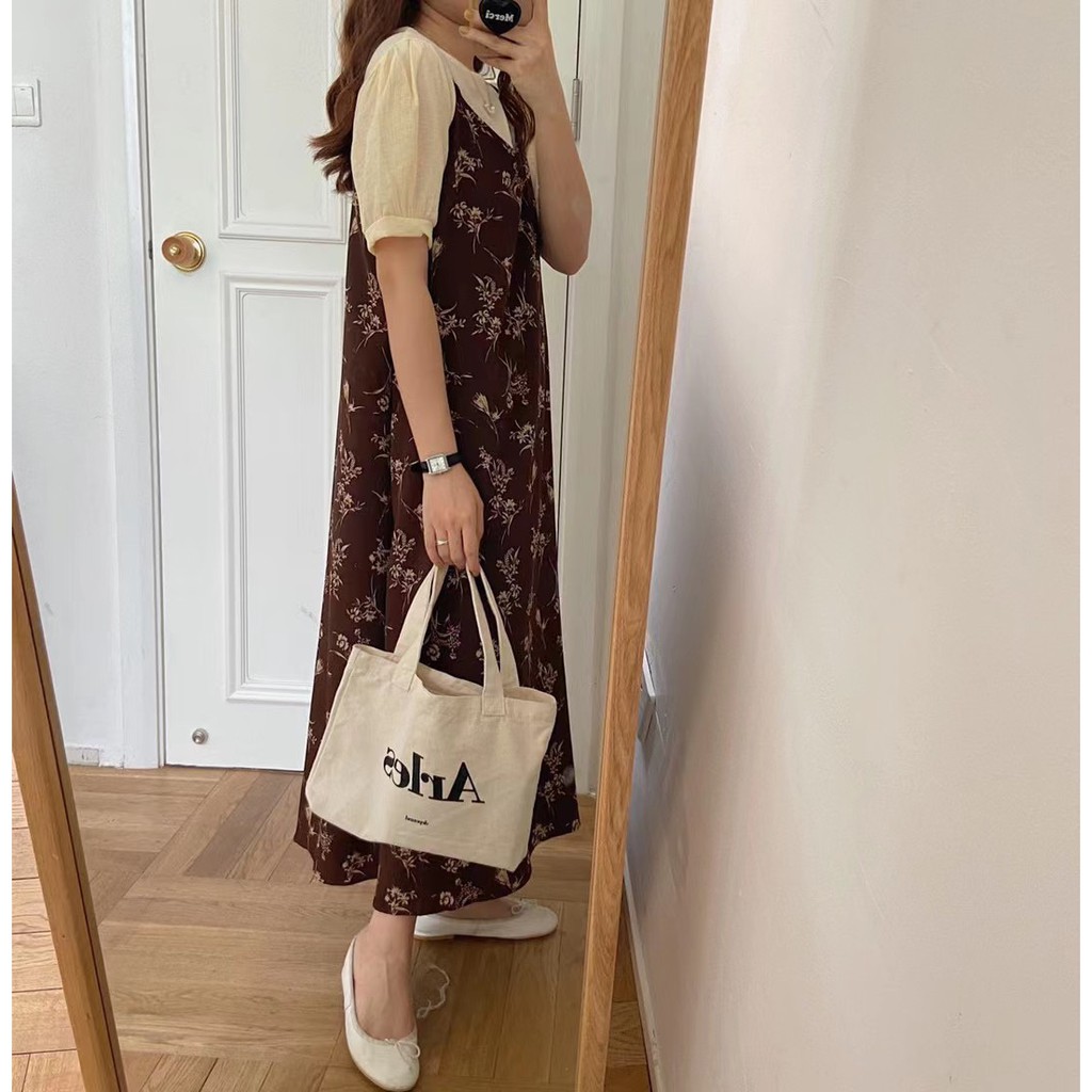 Váy hai dây hai lớp hoạ tiết vintage   Ulzzang 🌸 Hàng Quảng Châu