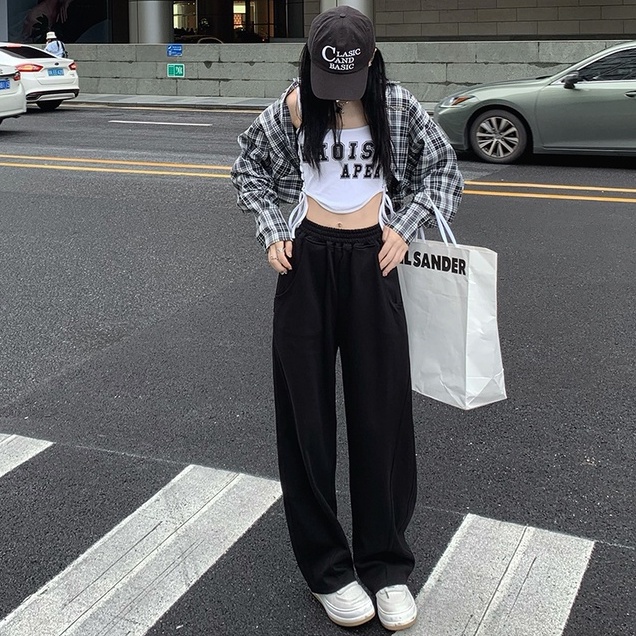 Quần thể thao ZHELIHANGFEI lưng cao ống suông phong cách retro