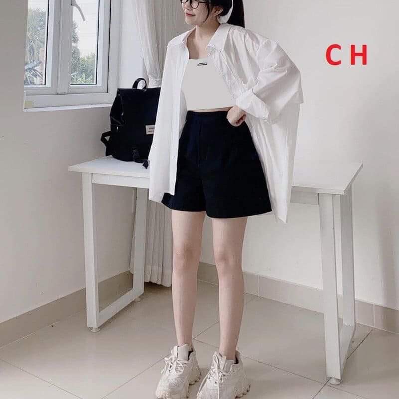 Sét 3 món áo sơ mi trắng + áo hai dây + quần đùi kaki