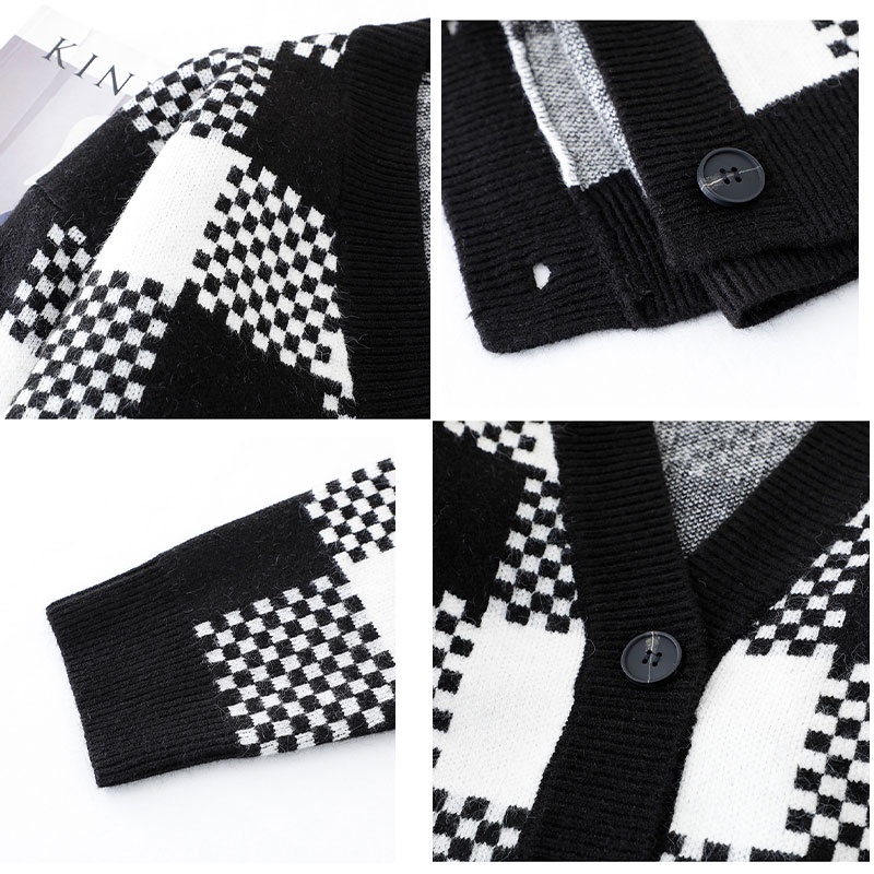 Áo khoác cardigan YEYA dệt kim dáng rộng sọc ca rô đen trắng thời trang trẻ trung cho nữ