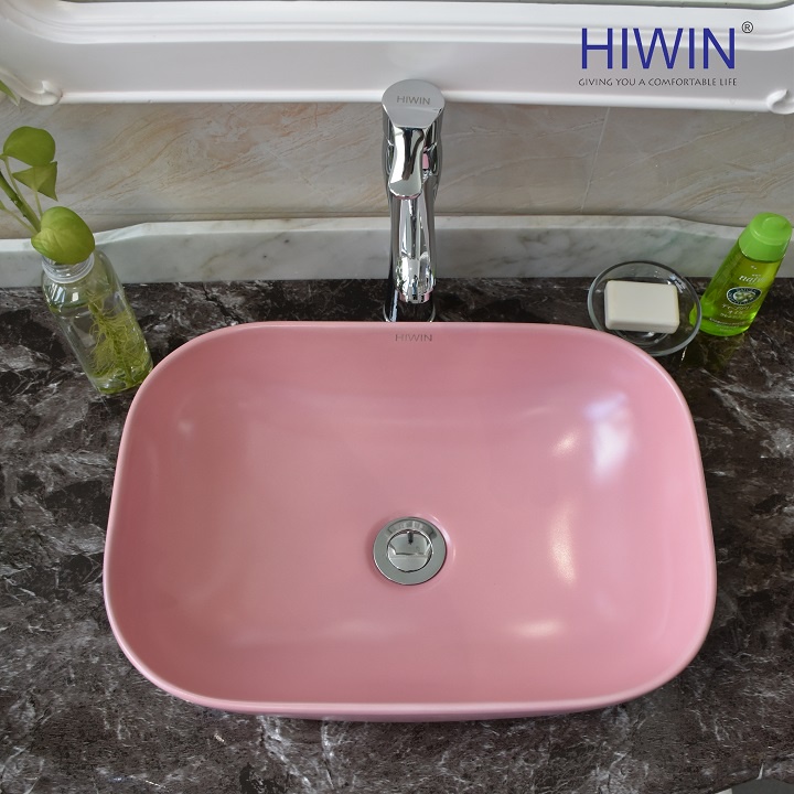 Chậu rửa mặt lavabo sứ đặt bàn nghệ thuật màu hồng HIWIN LP-A462