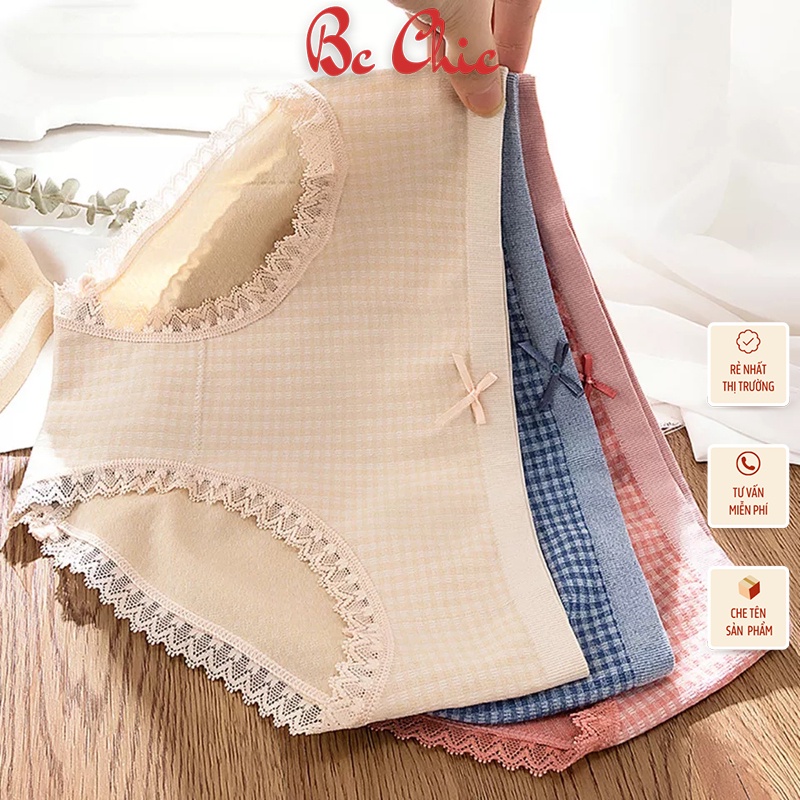 Quần Lót Nữ , Quần Lót Nữ Cotton kẻ phối ren đính nơ điệu đà xinh xắn MÃ Q112 BC_CHIC LINGERIE