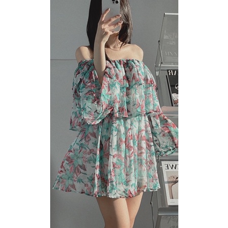 Váy Nữ Hoa Nhí Xanh Ngọc Trễ Vai,Đầm Nữ, Đi Biển, Đi Chơi Chất Liệu Voan Lụa Váy 2 Lớp  Váy Nữ Hoa Nhí Trễ Vai